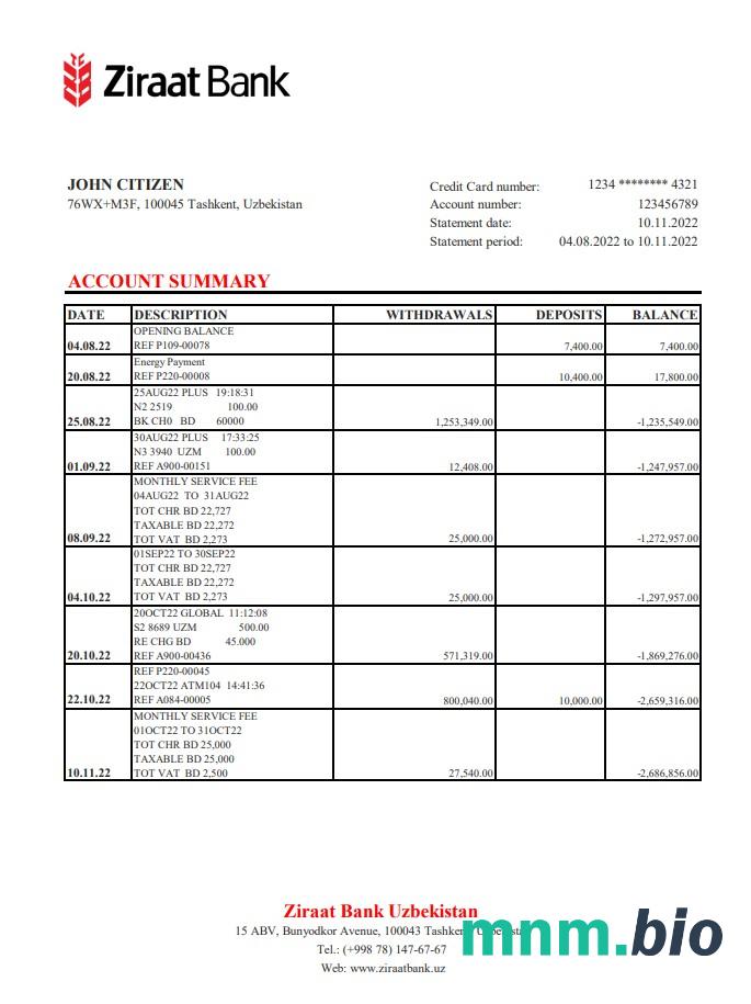 Wyciąg bankowy Uzbekistan Ziraat, format Excel i PDF